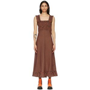 NWT GANNI Ruffled Smocked Gingham Seersucker Midi Dress In Black Red Size 40